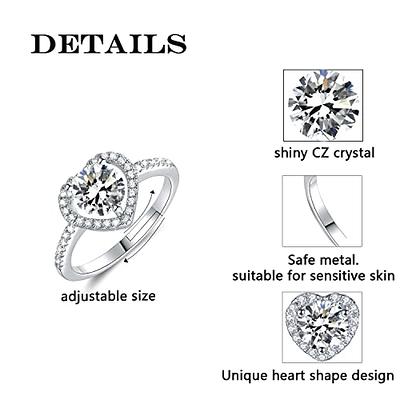 Luxury Pink Heart Cz Ring Adjustable Band Engagement/promise Ring