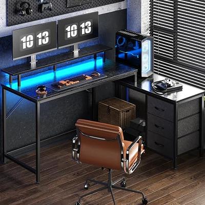 Huuger L Shaped Gaming Desk with Power Outlets, Led Lights, Computer Desk  Office Desk with Storage Shelves, Corner Home Office Desks for Bedroom,  Black 