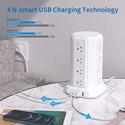 10ft Extension Cord Power Strip Tower, NTONPOWER Flat Plug Surge Protector  with 8 Outlets 5 USB Desktop Charging Station, Individual Switches, 1080