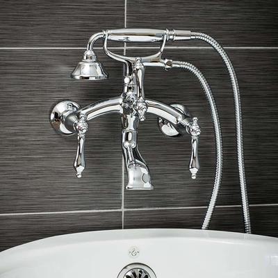 Contemporary Wall Mount Tub Filler Faucet in Brushed Nickel with Levers —  Pelham and White