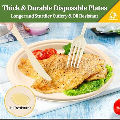 Heavy Duty Paper Plates Set for Dinner, Sugarcane Disposable Eco,9 Inch and  7 Inch Party Plates,Forks,Knives and Spoons Set for 50 People [250 PCS] 