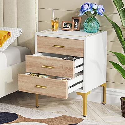 Nightstand with 2 Drawers, Modern End Table with Metal Legs Wood