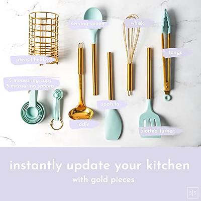 Teal Kitchen Utensils Set with Holder - 17PC Teal & Gold Cooking