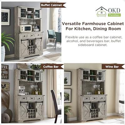 OKD Farmhouse Kitchen Coffee Wine Bar Cabinet with Storage, Dark Rustic Oak