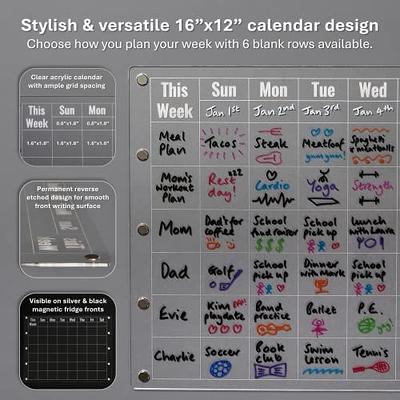 Acrylic Calendar for Fridge - 2 Set Magnetic Fridge Calendar Dry Erase Board Includes 12 Markers 12 Colors,16x12 Magnetic Calendar and Blank Board