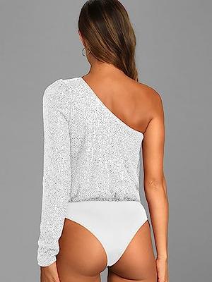 Ababalaya One Shoulder Sequin Bodysuit for Women Sparkle Glitter Long Sleeve  One Piece Top Bodysuits with Sheer Mesh Thong, Silver, XL - Yahoo Shopping