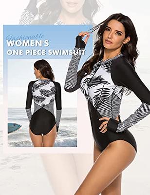Women 2 Piece Rash Guard Long Sleeve Zipper Bathing Suit with
