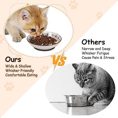 Small Ceramic Cat Food Bowl - Wide Shallow Cat Bowl with Non-Slip Mat -  Whisker Friendly Cat