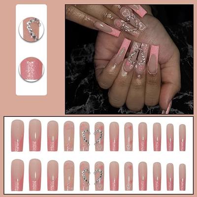 24 Pcs Long Press on Nails Pink Square French Fake Nails Full Cover Bling  False Rhinestone Nails Design for Women and Girls