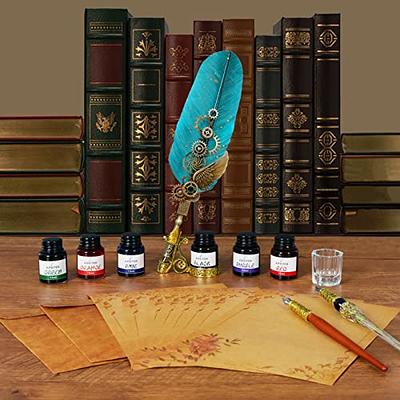 YICMY Quill Pen and Ink Set Featehr Pen with 6 Colorful Inks & 8 Letter  Papers Calligraphy Pen Set for Beginners Glass Dip Pen Wooden Calligraphy  Pen