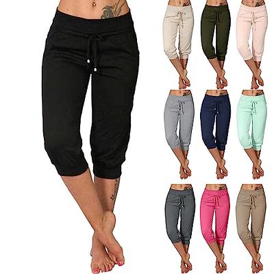 Women Capris Pants Cotton Linen Casual Lounge Pants Summer Loose Drawstring  Elastic Waist Cropped Trousers with Pockets