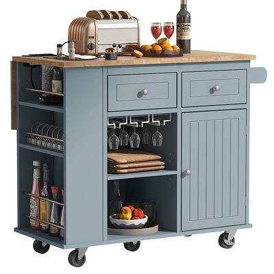 Runesay Black Rolling Mobile Kitchen Island with Solid Wood Top and Locking Wheels Storage Cabinet Drop Leaf Breakfast Bar