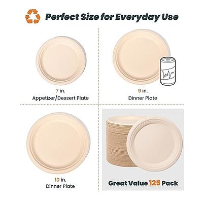 100% Compostable 9 Inch Paper Plates [125-Pack] Heavy-Duty Plate, Natural
