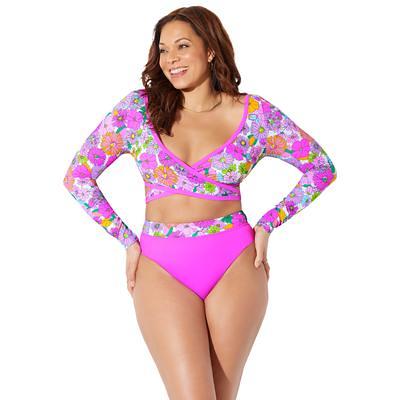 Swimsuits For All Women's Plus Size Sarong Front One Piece Swimsuit 12 Pink  Green Floral 