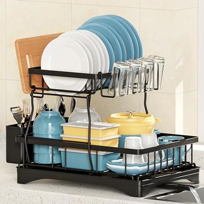 Qienrrae Dish Drying Rack, 2 Tier Large Rack and Drainboard Set