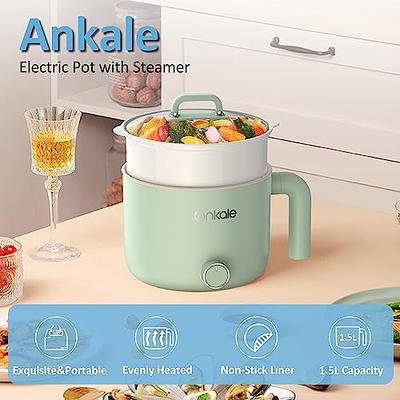 Ankale Hot Pot Electric with Steamer, 1.5L Portable Nonstick Rapid