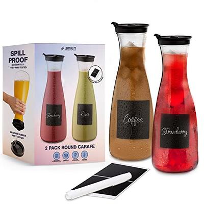 Plastic Juice Carafe with Lids (Set of 4) 32 oz Carafes for Mimosa Bar,  Drink Pitcher with Lid, Water Bottle, Milk Container, Clear Beverage