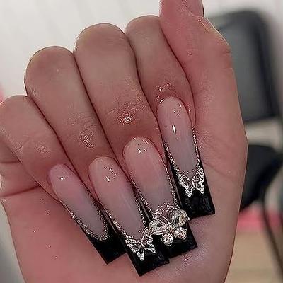 French Tip Press on Nails Long with Rhinestone Designs, 3D Luxury