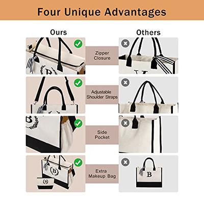 BeeGreen Personalized Birthday Gifts for Women w Inner and Side  Pouch Monogram Tote Bag w Zipper and Adjustable Shoulder Strap Embroidery  Initial Tote Bag w 13oz Canvas Beach Bag for