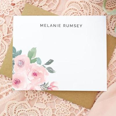 Floral Personalized Note Card and Envelope Stationery Set for Women - Blush  Pink Watercolor Flower Design with Name - Choose Ink and Envelope Colors 