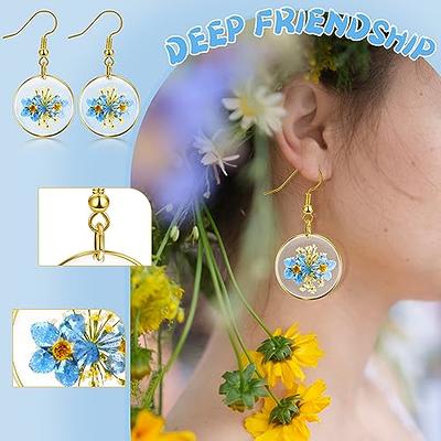 Women's Gold Brass Pendant Hoop Earrings with Real Resin Flower Pendant. Pressed Dried Flower Resin Jewelry. Unique Gift for Her