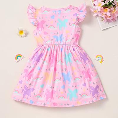 Girls Unicorn Dresses Summer Swing Short Sleeve Casual Clothes for