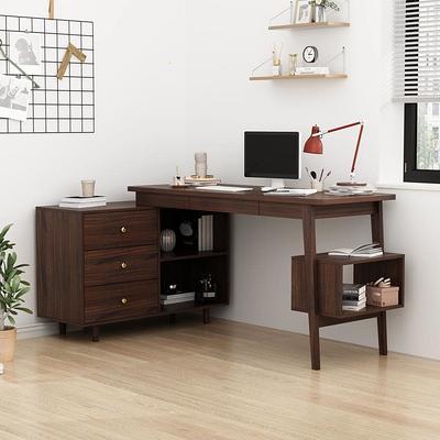 55.1 in. L-Shaped White Wood Writing Desk Executive Desk with USB Inte