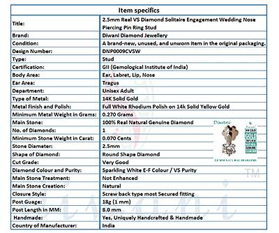 Diwani 14k Gold GII Certified 2.5mm Natural VS Diamond Engagement