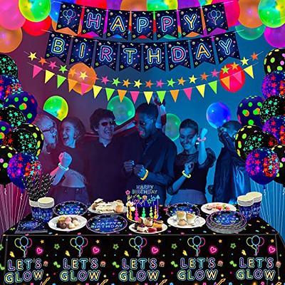 Glow Party Supplies Include Neon Balloons or Hanging Banner, Glow Party  Tablecloths, Glow in the Dark Tableware, Plates, Cups, Napkins, Straws for