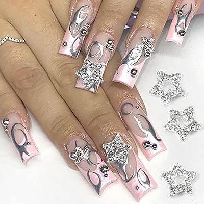 Black Pink Silver Star Saturn Charm Long French Nail Press On Nail