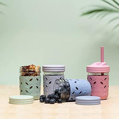 Elk and Friends Kids & Toddler Cups, The Original Glass Mason jars 8 oz  with Silicone Sleeves & Silicone Straws with Stoppers, Smoothie Cups