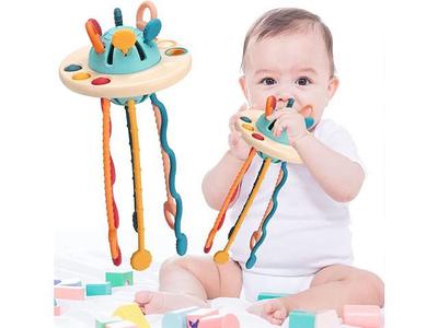 Baby Sensory Toys for 18m+ Toddler Travel Toys Ufo Food Grade Silicone Pull String Activity Toy with Simple Bubble & Sliding Magic Balls Interactive