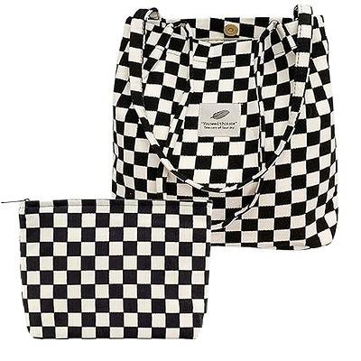 Kovewon 2 Pcs Corduroy Tote Bag for Women Cute Checkered Makeup