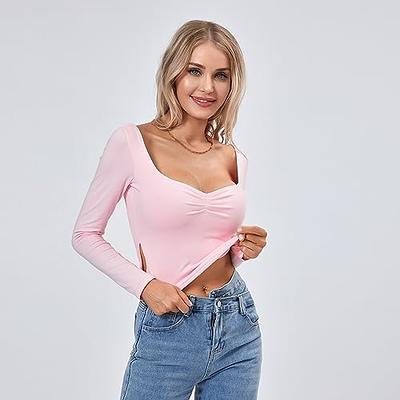 WPNAKS Women Long Sleeve Sweetheart Neck Crop Top Side Slit Y2k