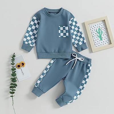 allshope Toddler Baby Boy Fall Outfit Checkerboard Patchwork Long Sleeve Sweatshirts Elastic Waist Pants Cute Newborn Clothes Set