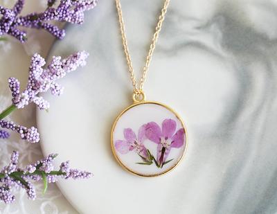 Real Pressed Flowers in Resin, Gold Necklace in with Purple