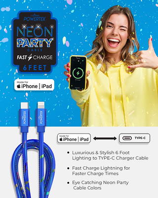 Liquipel Powertek iPad & iPhone Lightning Charger Cable, Fast Charging 6ft  MFI, Neon Party 