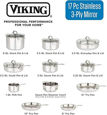 Viking Culinary 3-Ply Stainless Steel Cookware Set with Metal Lids, 10 Piece, Dishwasher, Oven Safe, Works on All Cooktops Including Induction,Silver