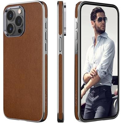 Designer Case Compatible with iPhone 13 Pro Max,Luxury Aesthetic Classic  Pattern Leather Back Cover Soft Frame Metal nameplate Cute Light Brown