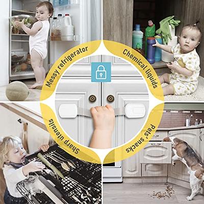 New Version Child Safety Locks 4-Pack. Baby Proof Cabinets, Drawers with Easy Adjustable Strap Length, Double Lock Option, Easier Latch for Adults to