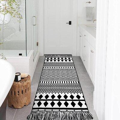 1 Piece Boho Bathroom Rug, Boho Rug Kitchen Runner Black And White