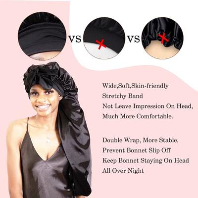 2 Pcs Satin Bonnet,Long Hair Bonnet,Sleep Cap for Black Women,Silk Bonnet  with Soft Elastic Band,Satin Sleep Cap for Curly Hair Braids  Dreadlocks,Silky Hair Loose Cap for Sleeping(Black+Black Flower)