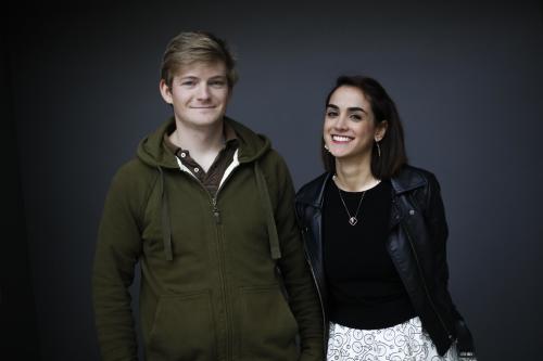 Internet researcher Mahsa Alimardani, right, and Frederic Jacobs pose for a portrait photo at the international internet and society conference 're-publica' in Berlin, Germany, Thursday, May 7, 2015. The researchers have found that Iranian censors are struggling to block Instagram photos of Justin Bieber and Kim Kardashian as the service gains popularity in their country. (AP Photo/Markus Schreiber)