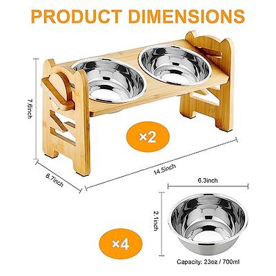FOREYY Set of 2 Raised Pet Bowls for Cats and Small Dogs - Bamboo Tilted Single Elevated Dog Cat Food and Water Bowls Stand Feeder with 3 Stainless