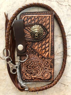Handmade Leather Tooled Floral Mens Chain Biker Wallet Cool