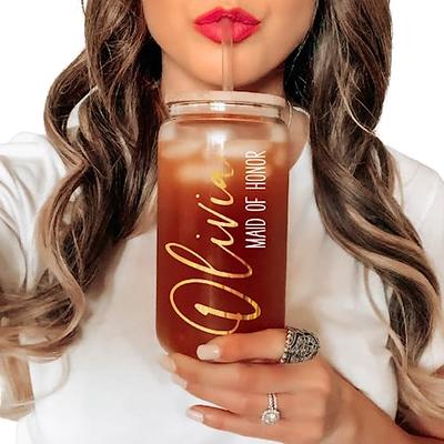 Personalized Glass Cup With Bamboo Lid & Straw  16 Oz Beer Can Custom  Mason Jar Iced Coffee Mug Bridesmaid Gift Tumbler - Yahoo Shopping