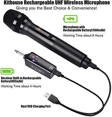 K380S UHF Rechargeable Wireless Microphone Karaoke Mic Dual with Receiver  System Set - Professional Handheld Dynamic Cordless Microphone for Singing