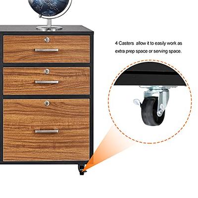 Wood 3 Drawer File Cabinet with Lock, Lateral Rolling File Cabinet