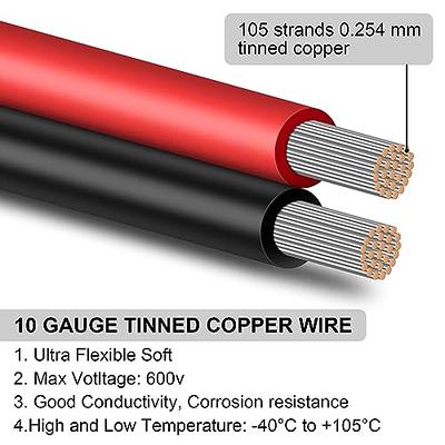 Shirbly 10 Gauge Wire - 100FT Red & 100FT Black 10 AWG Tinned