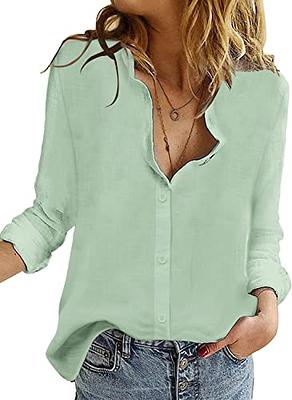 YYDGH Womens Long Sleeve Button Down Shirts V Neck Cotton Linen Blouses  Roll Up Casual Work Plain Solid Color Tops Green S 